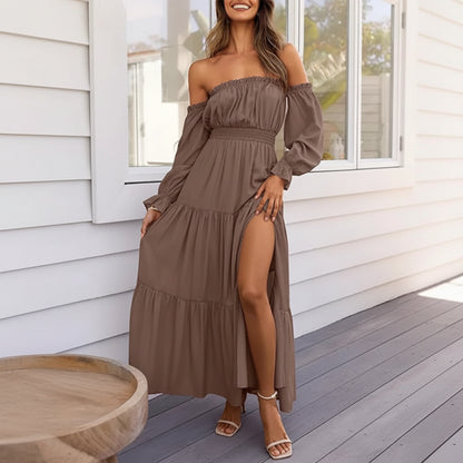 Vestido Verano Mujer Midi Hombros Descubiertos Manga Larga Volantes