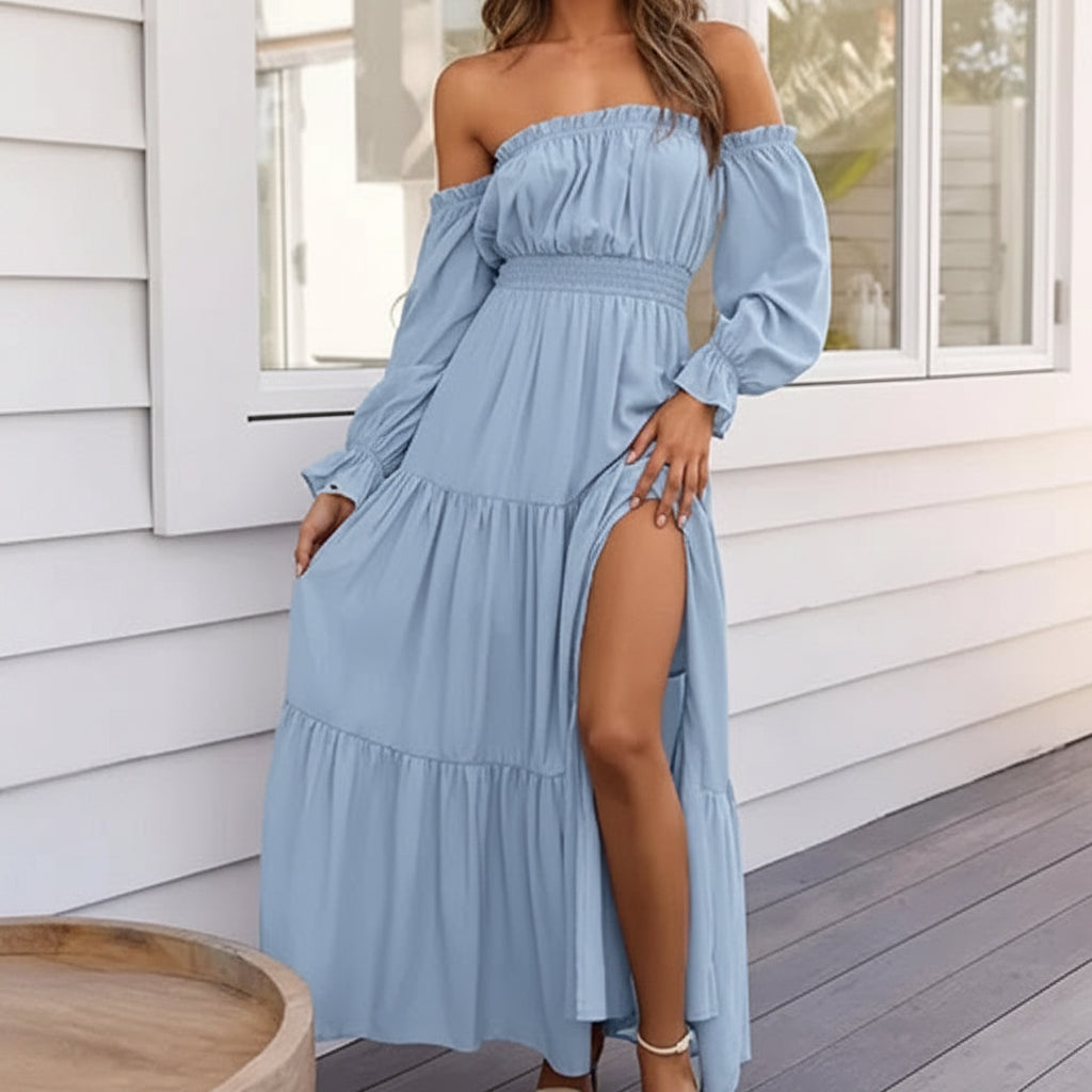 Vestido Verano Mujer Midi Hombros Descubiertos Manga Larga Volantes