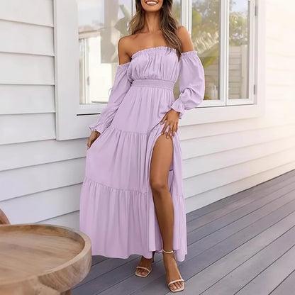 Vestido Verano Mujer Midi Hombros Descubiertos Manga Larga Volantes