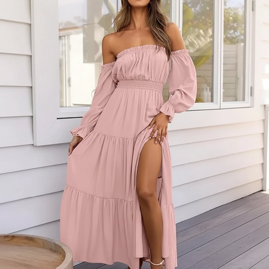 Vestido Verano Mujer Midi Hombros Descubiertos Manga Larga Volantes