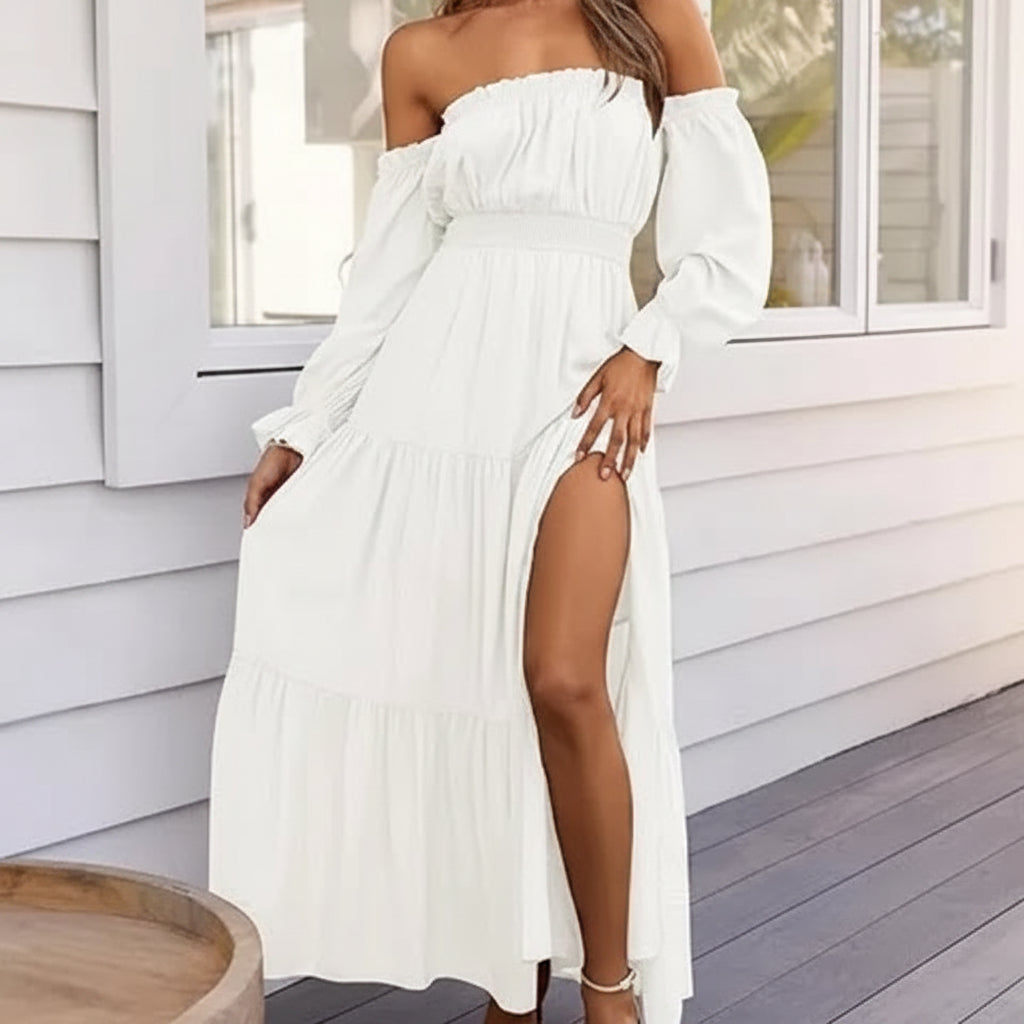 Vestido Verano Mujer Midi Hombros Descubiertos Manga Larga Volantes
