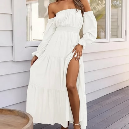 Vestido Verano Mujer Midi Hombros Descubiertos Manga Larga Volantes