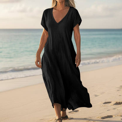 Vestido de verano para mujer con escote en V, manga corta, diseño sencillo