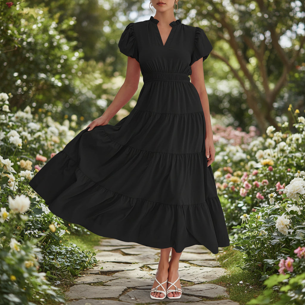 Vestito Donna Midi Maniche Sbuffo Corte Casual Estate Quotidiano