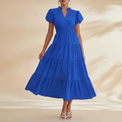 Vestito Donna Midi Maniche Sbuffo Corte Casual Estate Quotidiano