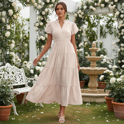 Vestito Donna Midi Maniche Sbuffo Corte Casual Estate Quotidiano