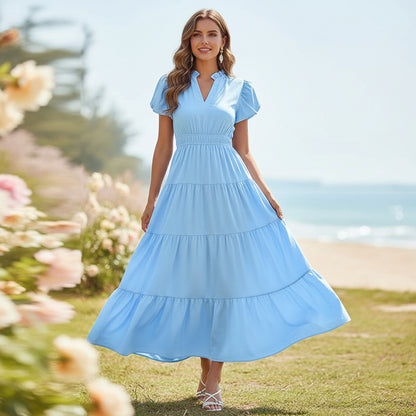 Vestito Donna Midi Maniche Sbuffo Corte Casual Estate Quotidiano