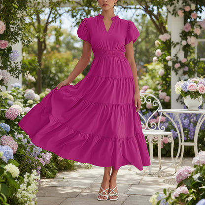 Vestito Donna Midi Maniche Sbuffo Corte Casual Estate Quotidiano