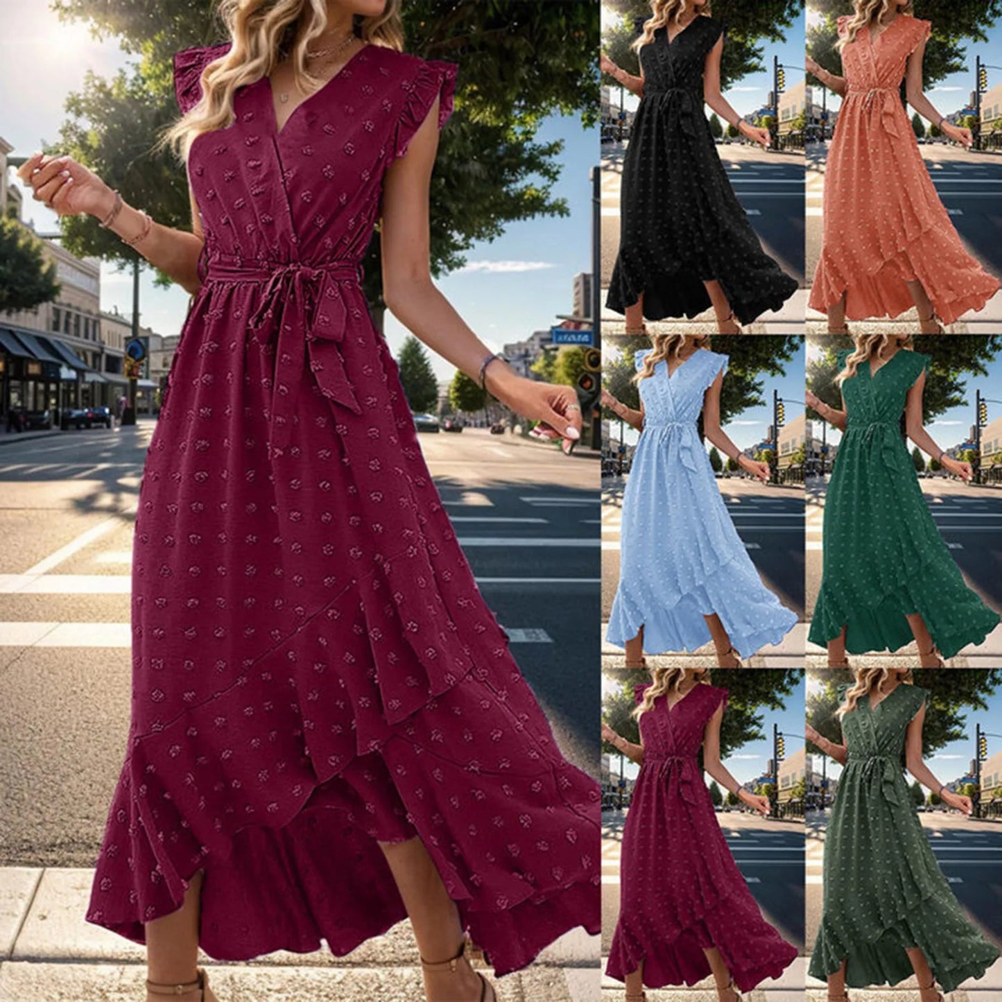 Vestido Verano Mujer Midi Cruzado Escote V Manga Volantes