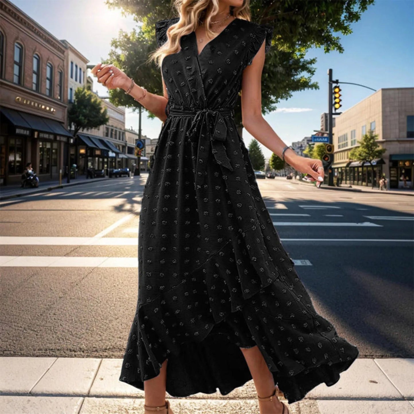 Vestido Verano Mujer Midi Cruzado Escote V Manga Volantes