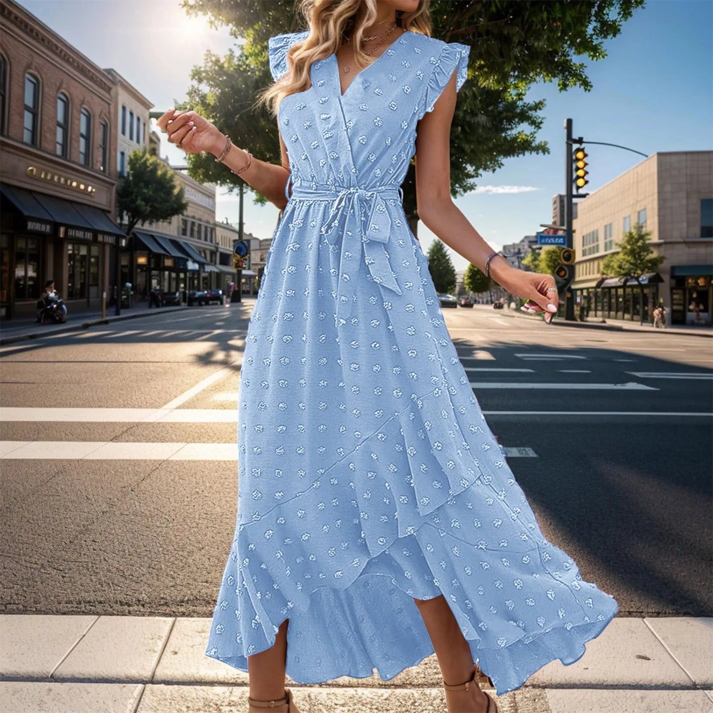 Vestido Verano Mujer Midi Cruzado Escote V Manga Volantes