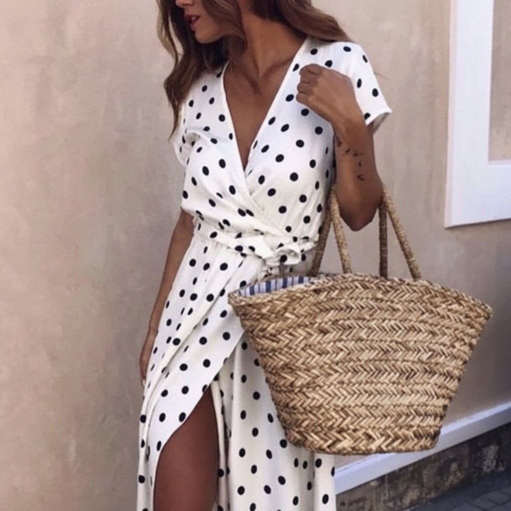 Women's Summer Dress V-Neck Short Sleeve Slit Design Dress