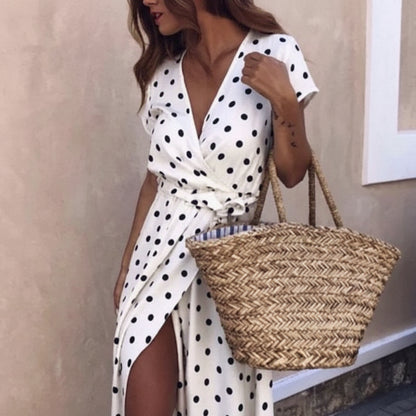 Women's Summer Dress V-Neck Short Sleeve Slit Design Dress