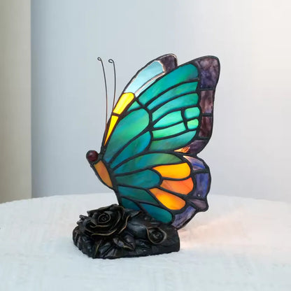 Vintage Tischlampe Buntglas Schmetterling Nachttischlampe