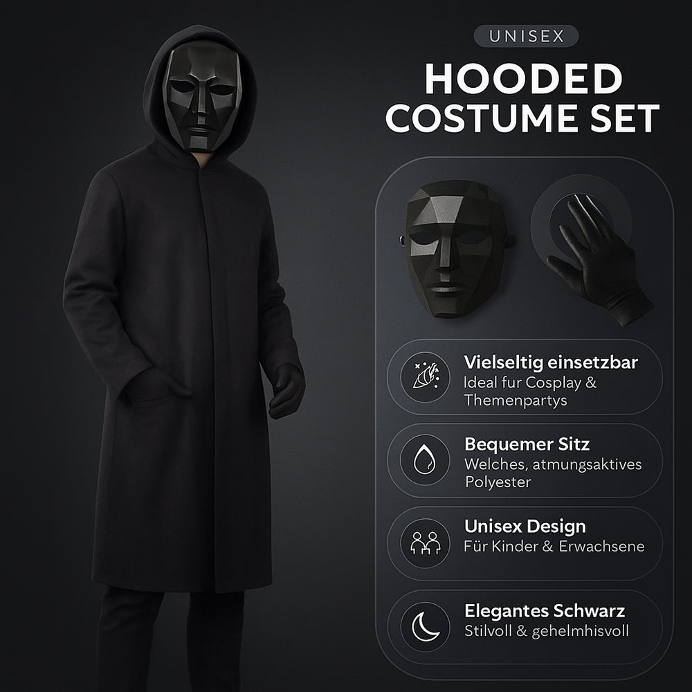 Schwarzes Kapuzen Kostüm Unisex Outfit
