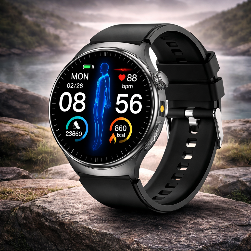 Montre connectée acier inoxydable avec fréquence cardiaque et fitness