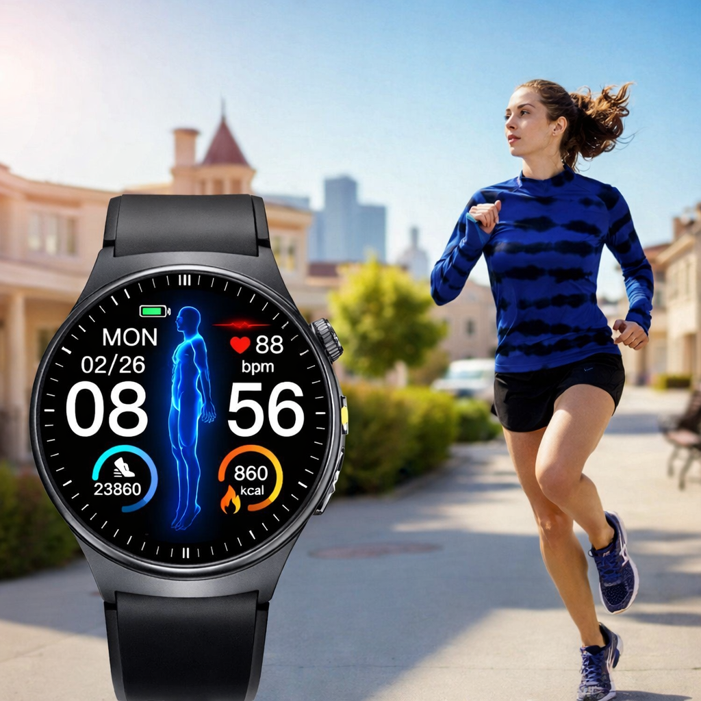 Montre connectée acier inoxydable avec fréquence cardiaque et fitness