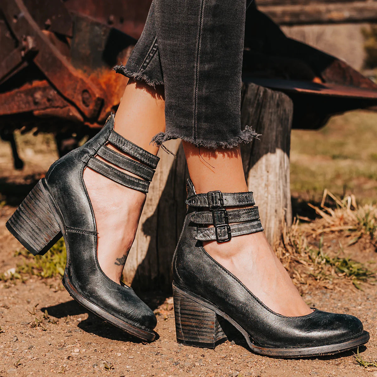 Womens Ankle Block Heel Double Strap