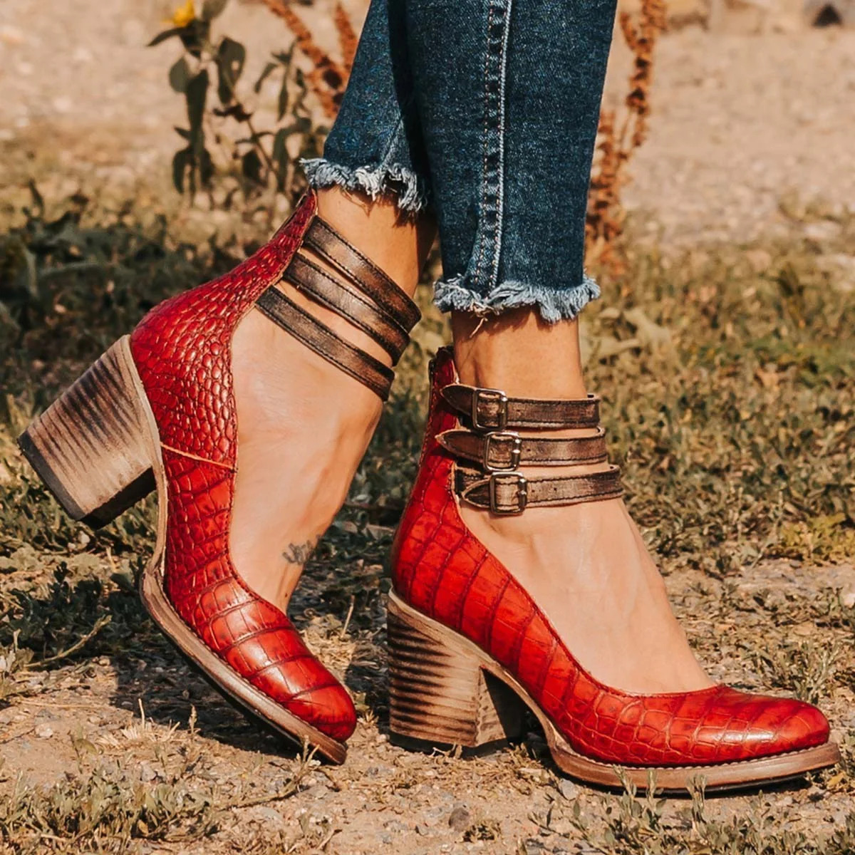 Womens Ankle Block Heel Double Strap