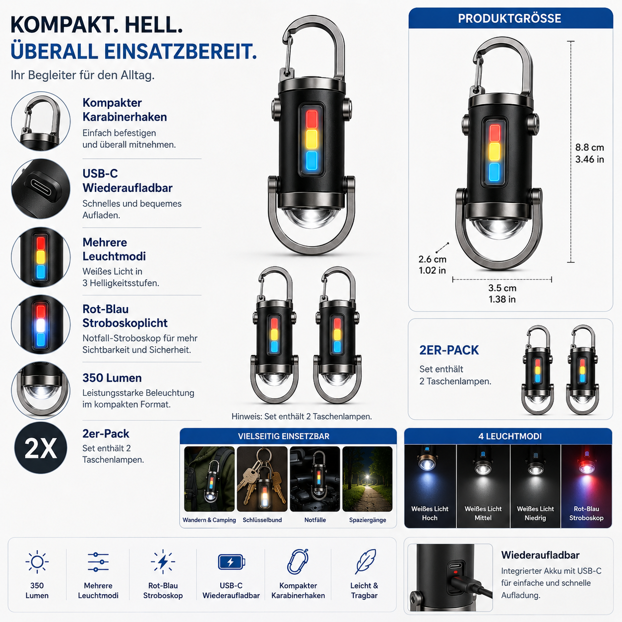 Taschenlampe Mit Stroboskoplicht Wiederaufladbar Karabiner