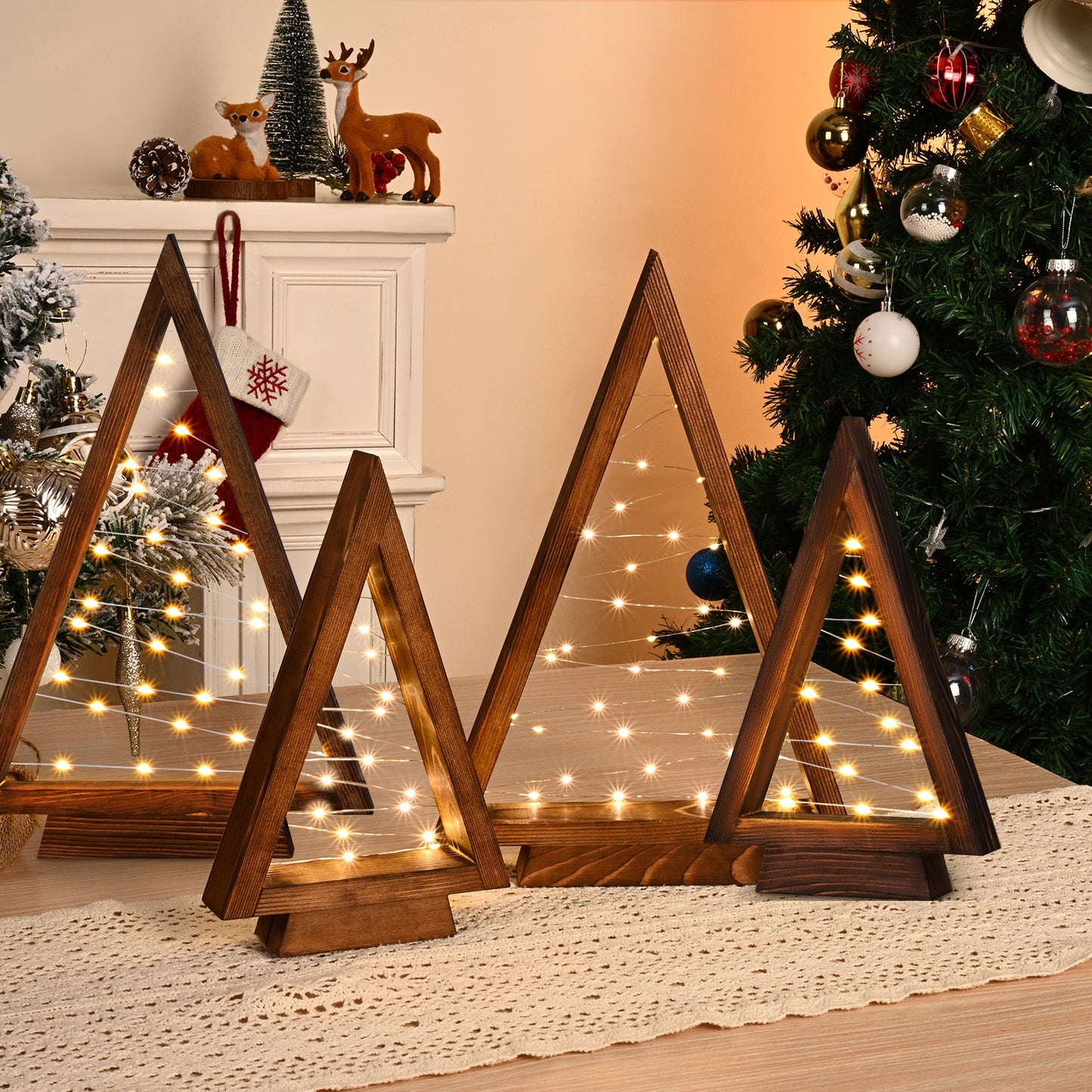 Table Christmas Tree Wooden Decoration LED Lights Tree Set Modern