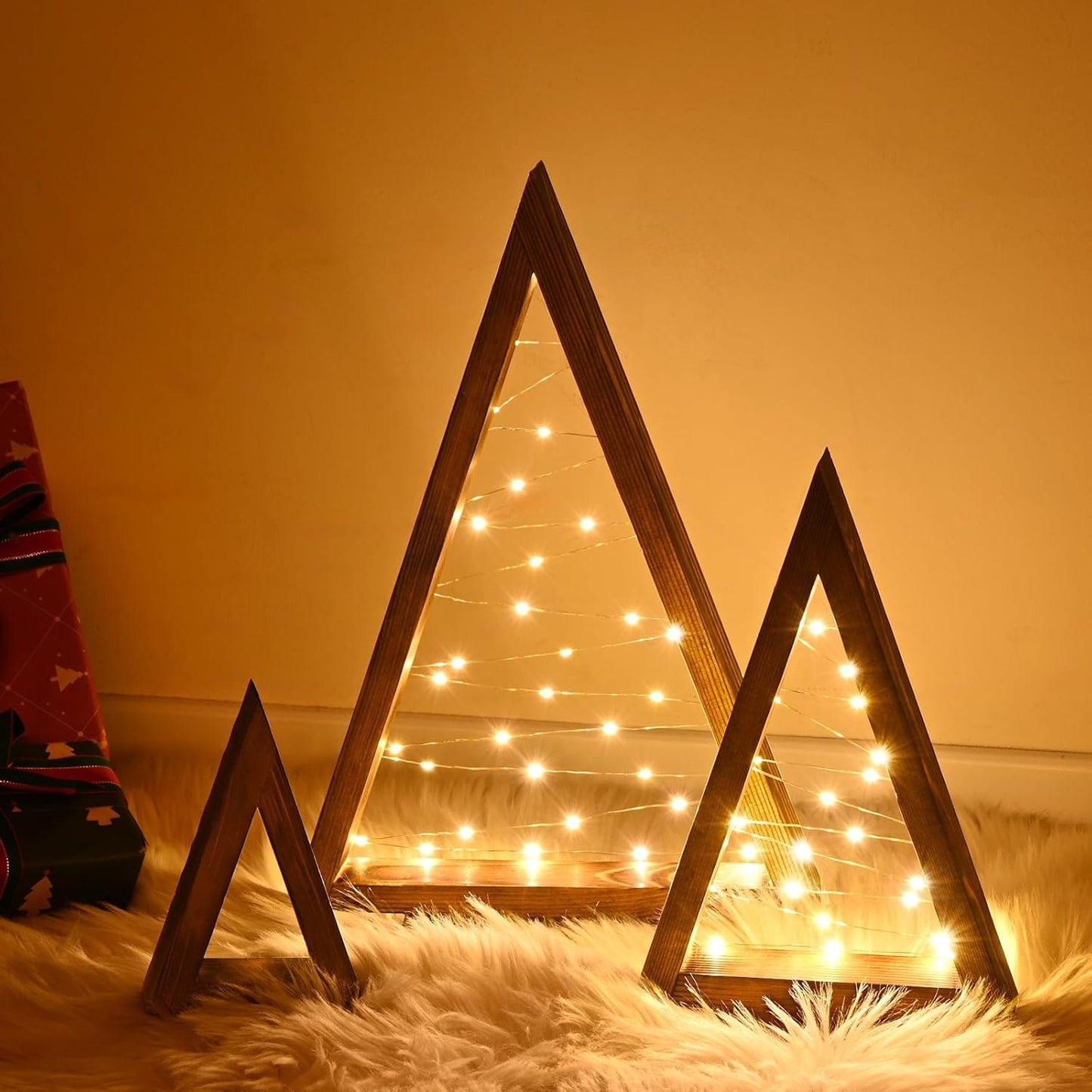 Table Christmas Tree Wooden Decoration LED Lights Tree Set Modern