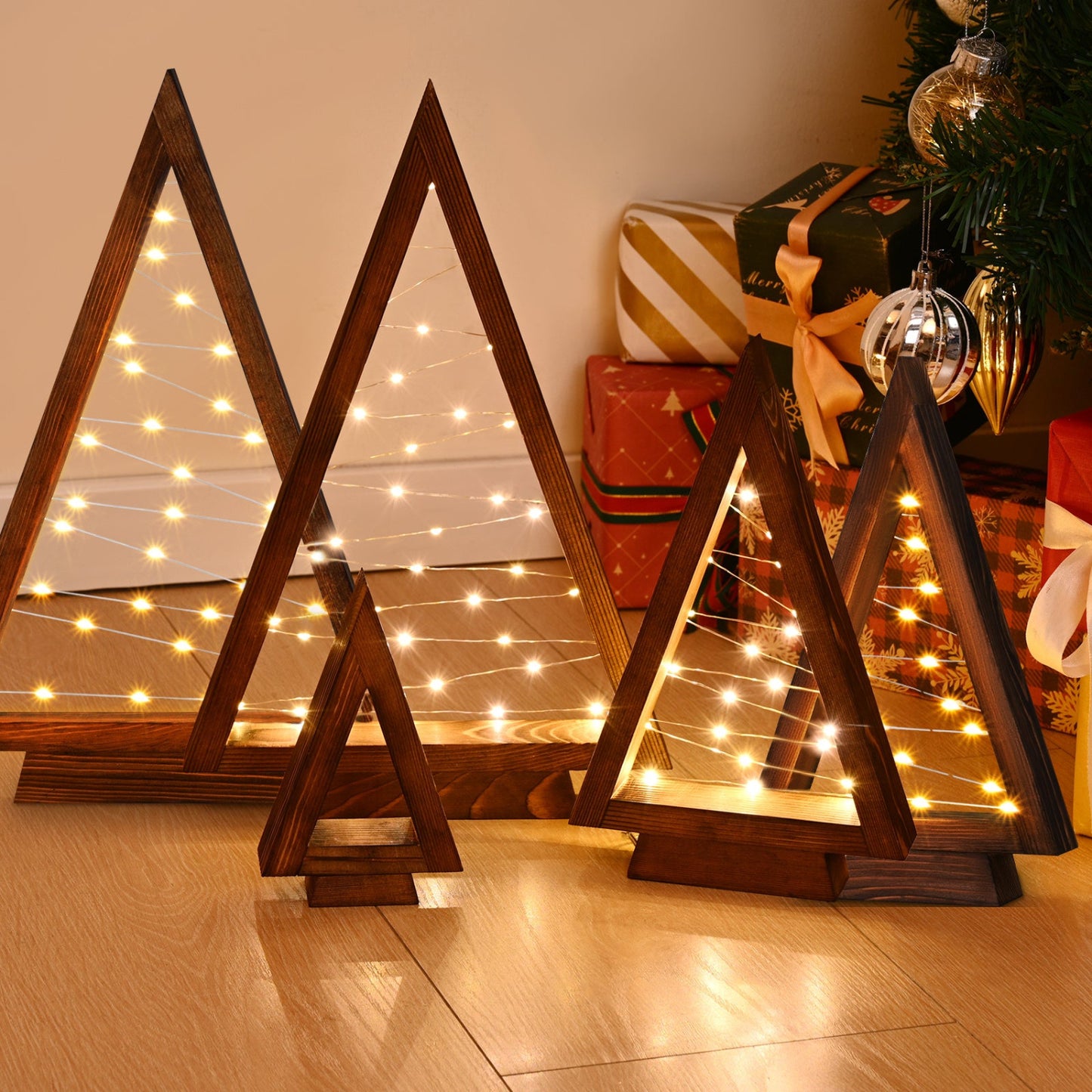Table Christmas Tree Wooden Decoration LED Lights Tree Set Modern