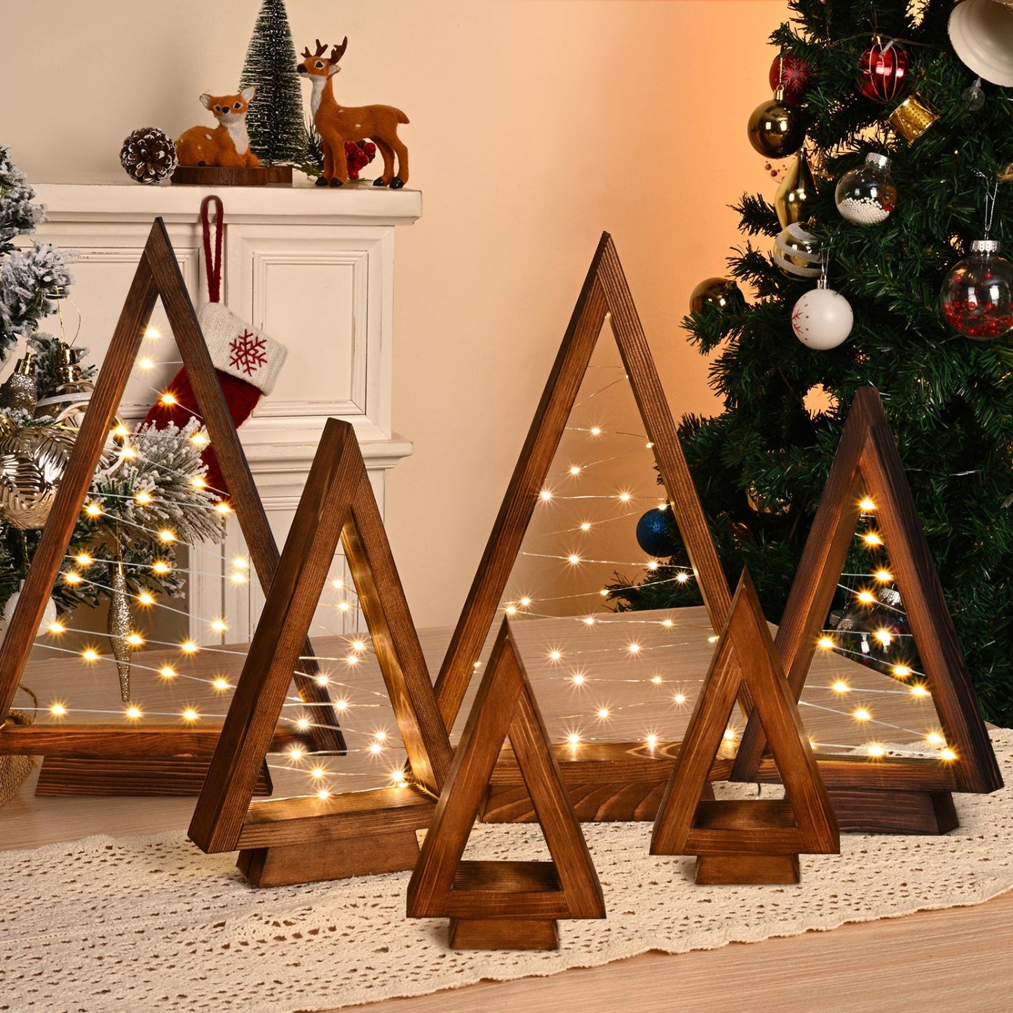 Table Christmas Tree Wooden Decoration LED Lights Tree Set Modern