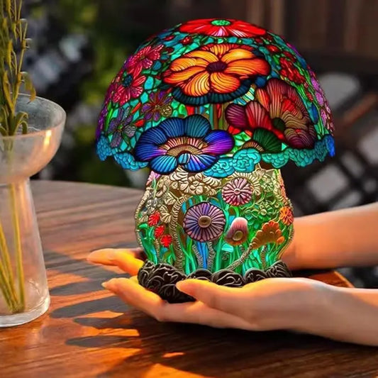 Vintage Glas Pilzlampe Buntglas LED Tischleuchte für Wohnzimmer