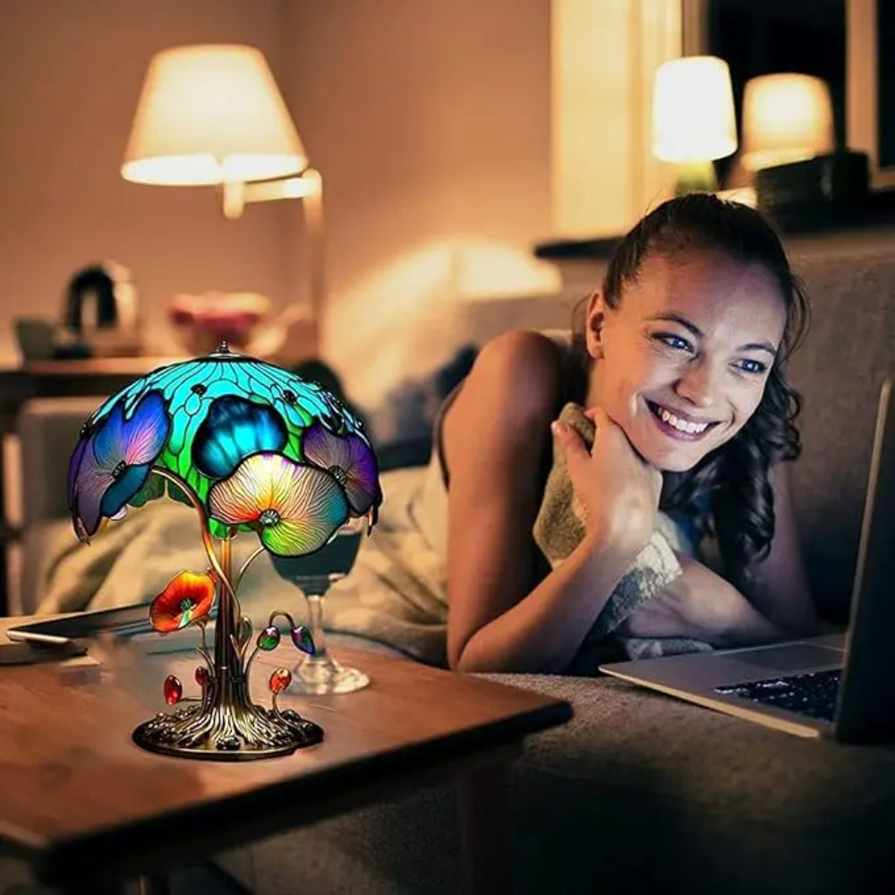Vintage Glas Pilzlampe Buntglas LED Tischleuchte für Wohnzimmer