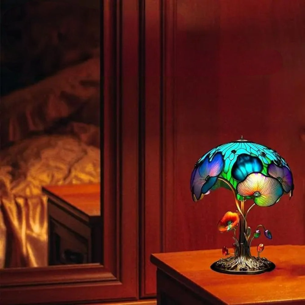 Vintage Glas Pilzlampe Buntglas LED Tischleuchte für Wohnzimmer