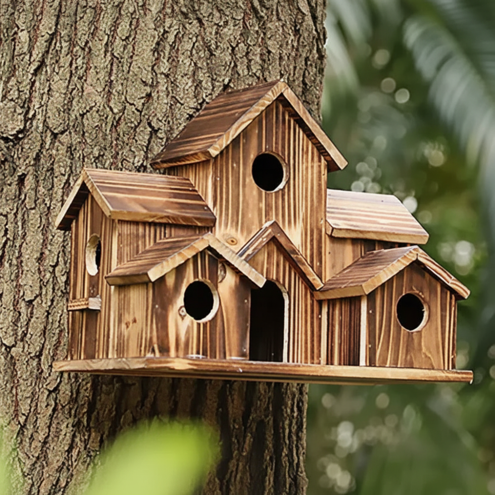 Casa para pájaros rústica de madera con múltiples nidos