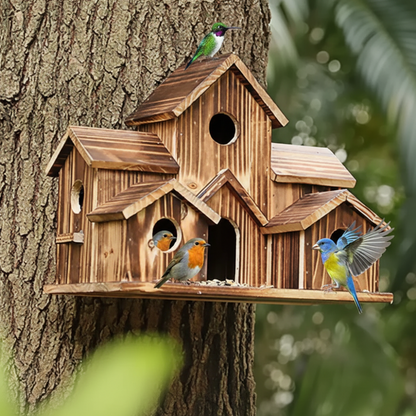 Casa para pájaros rústica de madera con múltiples nidos