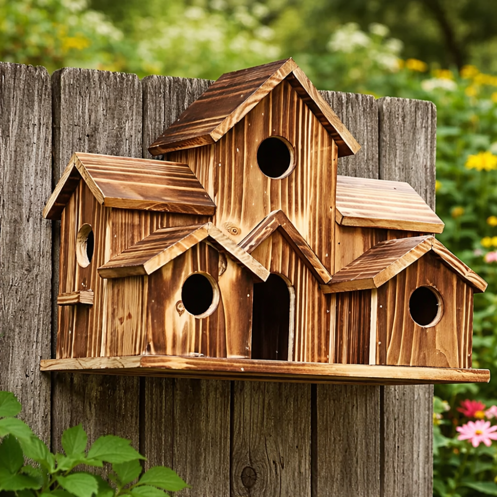 Casa para pájaros rústica de madera con múltiples nidos