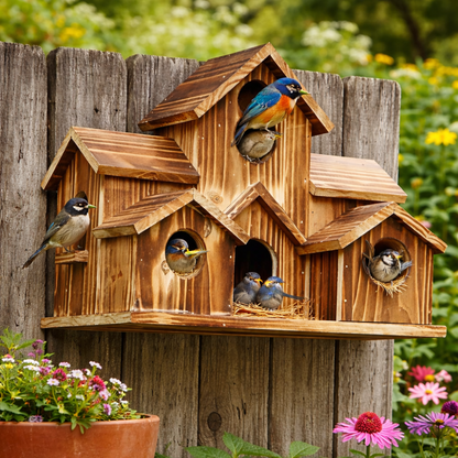 Casa para pájaros rústica de madera con múltiples nidos