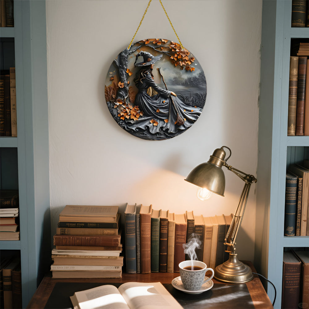 Wall Decoration Door Sign Mystical Witch Motif Round Design