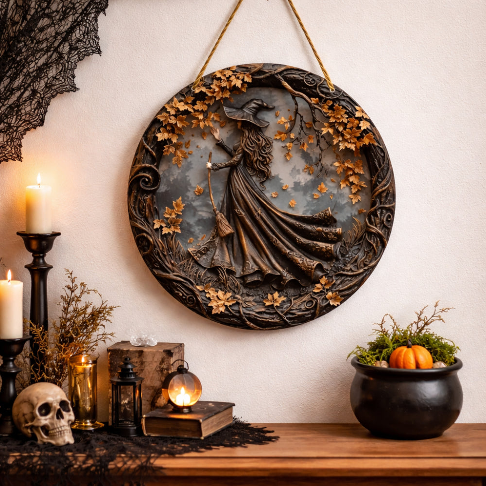 Wall Decoration Door Sign Mystical Witch Motif Round Design