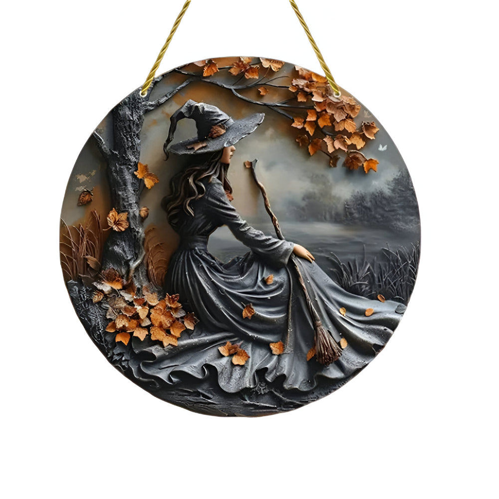 Wall Decoration Door Sign Mystical Witch Motif Round Design