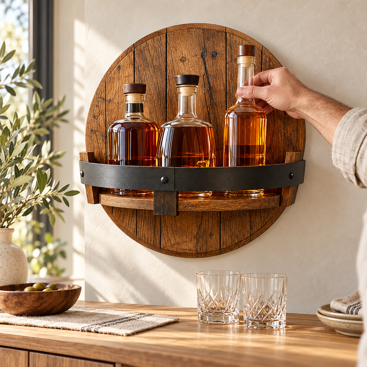 Wandregal Für Whiskeyflaschen Rustikales Echtholz Rundform