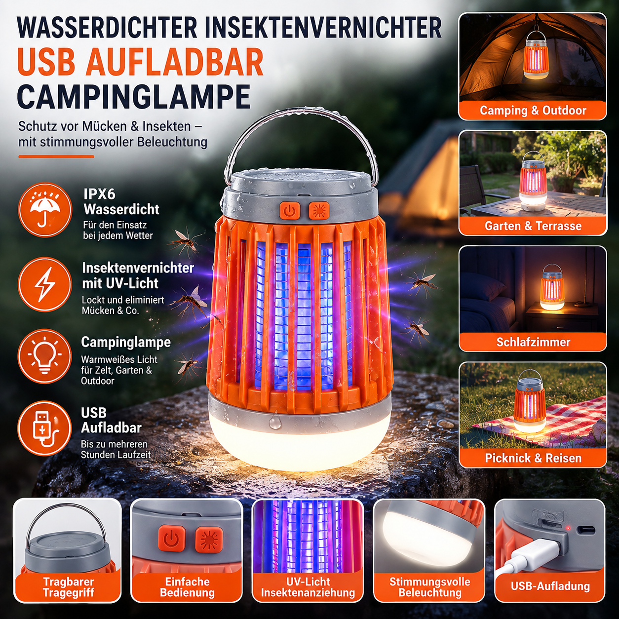 Wasserdichter Insektenvernichter USB Aufladbar Campinglampe