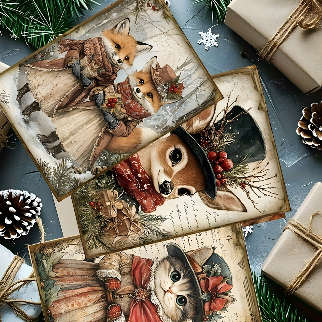 Weihnachtskarten Vintage Tiermotive Papierkunst Set Bastelzubehör