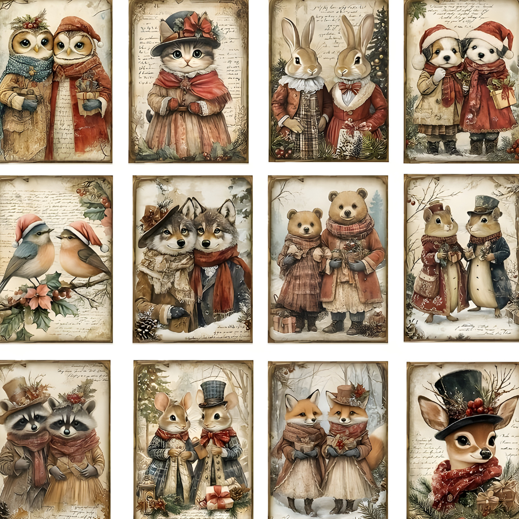 Weihnachtskarten Vintage Tiermotive Papierkunst Set Bastelzubehör