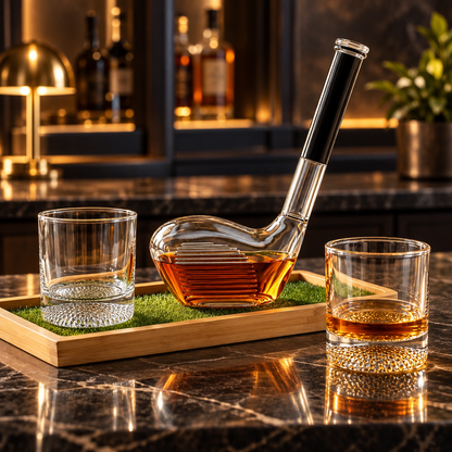 Whiskey Dekanter Set Mit Holztablett Im Golf Design