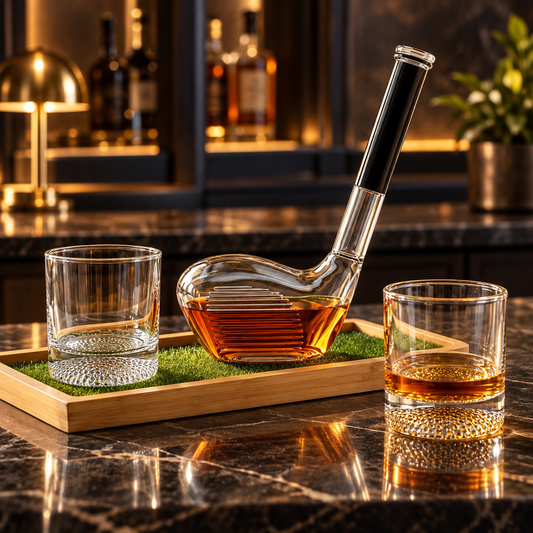 Whiskey Dekanter Set Mit Holztablett Im Golf Design