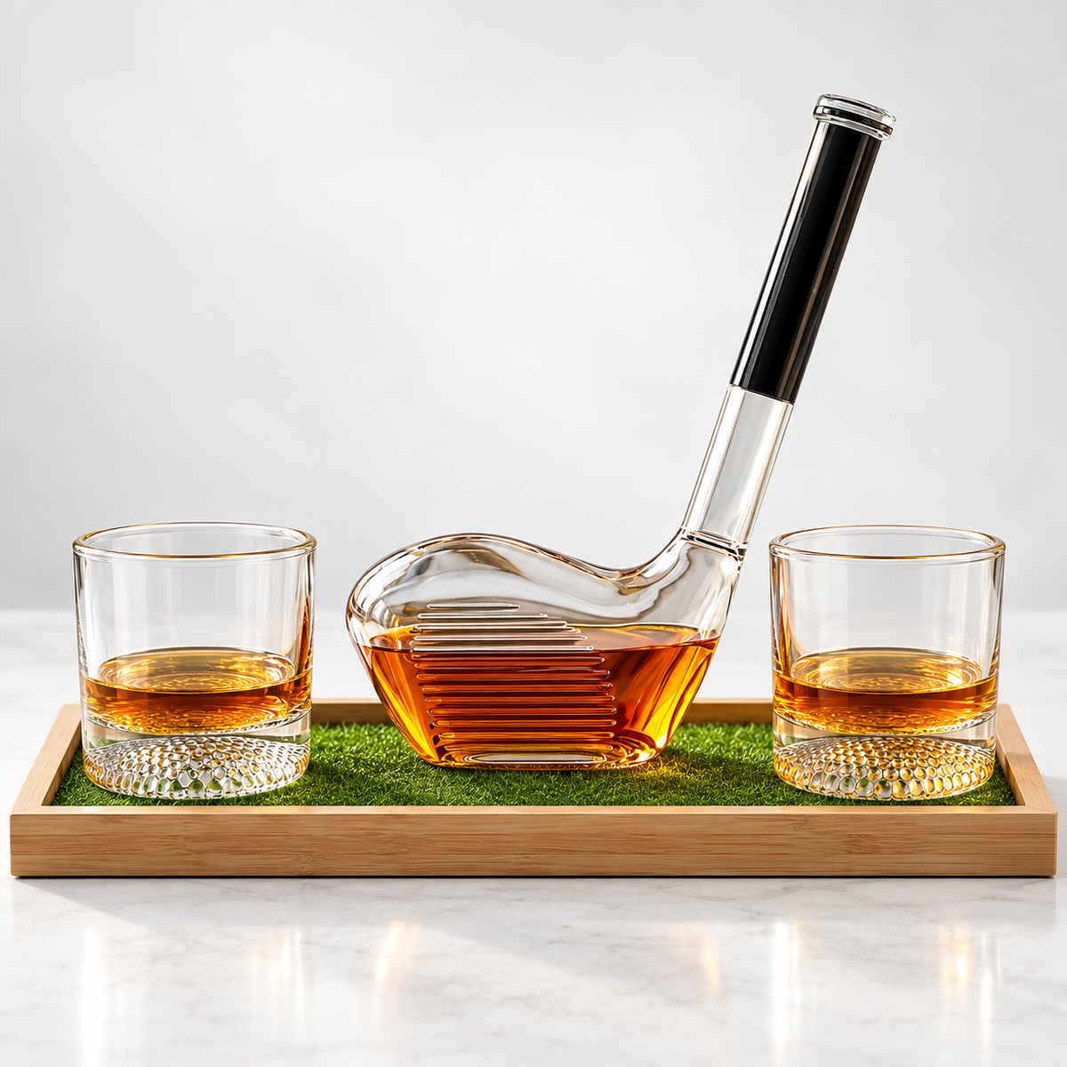 Whiskey Dekanter Set Mit Holztablett Im Golf Design