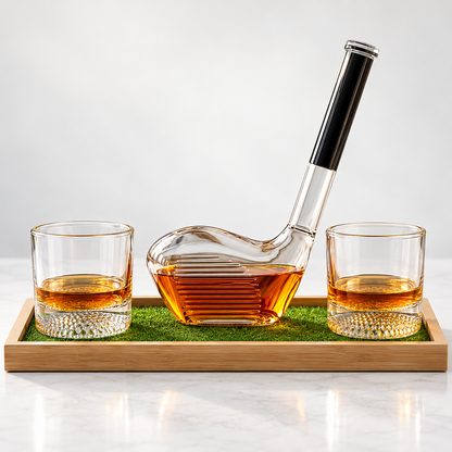 Whiskey Dekanter Set Mit Holztablett Im Golf Design
