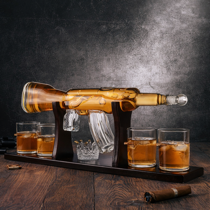 Licorera de whisky con diseño de rifle Set con soporte de cristal
