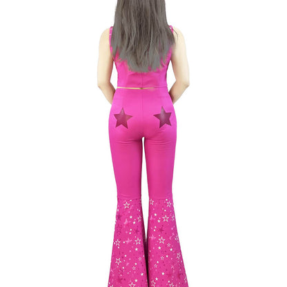 Retro Pink Cowgirl Costume Women 70s Disco Outfit with Flared Pants