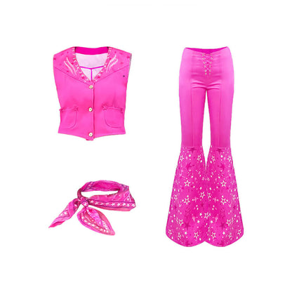 Retro Pink Cowgirl Costume Women 70s Disco Outfit with Flared Pants