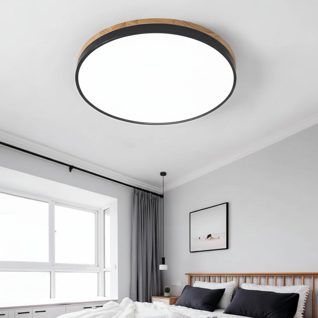Plafonnier rond en bois clair LED pour salon